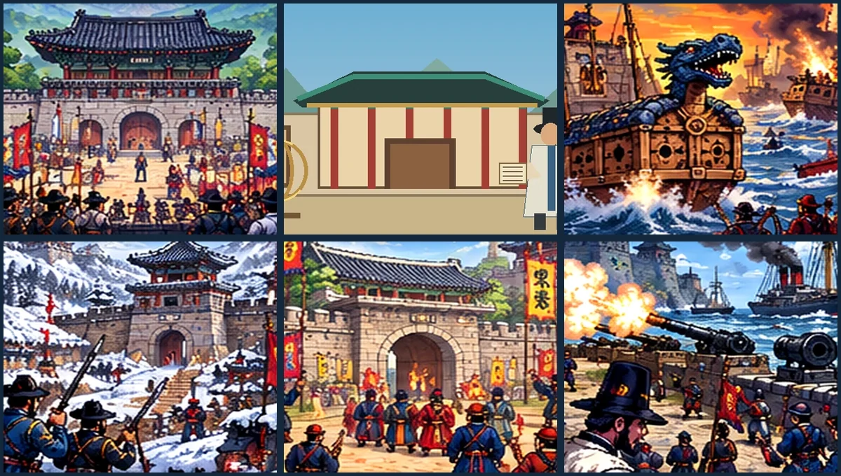 조선 건국, 세종의 문화 발전, 임진왜란, 병자호란, 영조·정조의 개혁, 개항기의 시대별 대표 장면